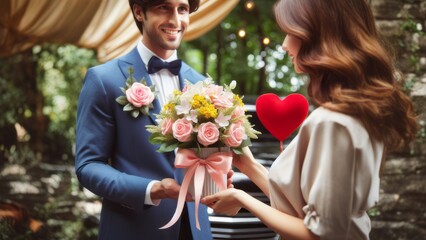 A man in a suit and bow tie gives a woman flowers and a present.