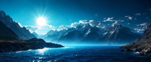 Fototapeta premium eye catching seascape illustration. glowing blue sun, sea shore