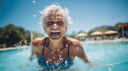 A happy elderly retired woman is enjoying her vacation in the pool of the water park. Summer, holidays, travel, recreation and entertainment, positive emotions concepts. Copy space.