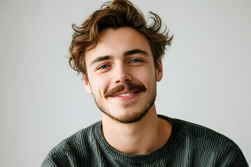 Fototapeta premium Portrait of Handsome hipster young man with mustache posing in casual clothes
