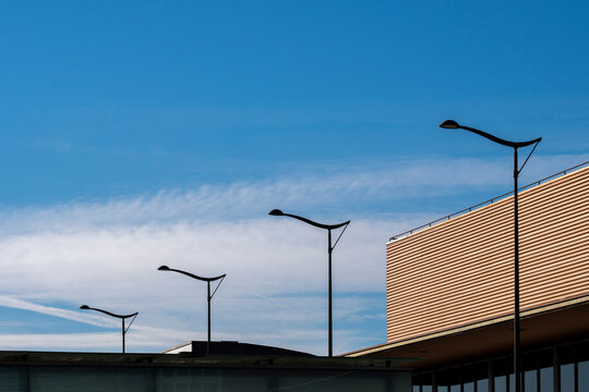 Minimalist cityscape with street lighting street lamps in a financial area