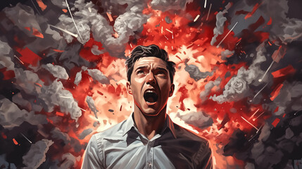 Mind-blowing idea, head explosion illustration of man in chaos,