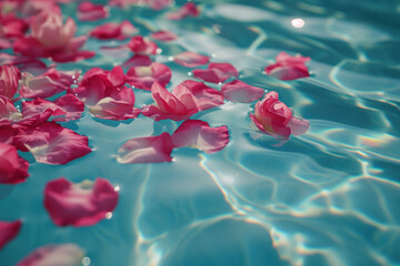Pink flower petals in pool water. Background image. Created with Generative AI technology