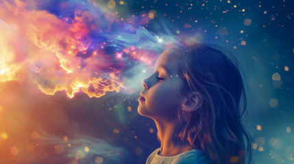 Fantasy Concept of Child Blowing Colorful Clouds
