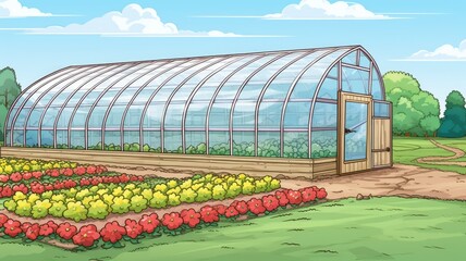 cartoon illustration Farm panorama with a greenhouse,