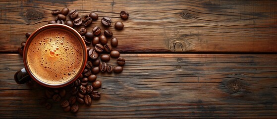 Top view cup of coffee and grains on rough wooden background, banner with copy space