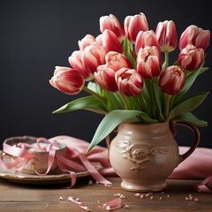 Obraz premium A tulip bouquet with March 8 inscription. Happy March 8th. Women's Day. Mother's Day. Happy Easter
