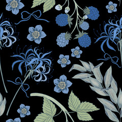 Chinoiserie inspired. Vintage floral illustration. Blue and white