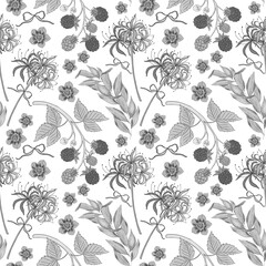 Chinoiserie inspired. Vintage floral illustration. Black and white oriental eastern asian