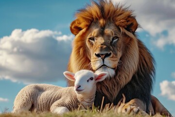 A lion and a lamb sit together against the sky background. God, christianity concept