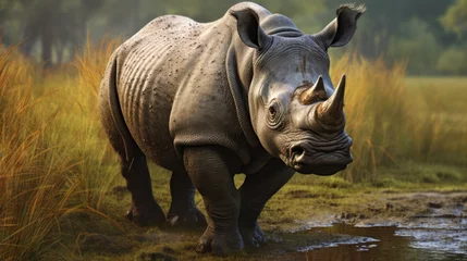 Zelfklevend Fotobehang Indian Rhinoceros (Rhinoceros unicornis), is a Rhinoceros Species Native to the Indian Subcontinent - Generative AI © Hamza