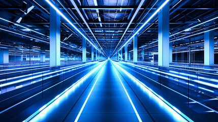 Futuristic Blue Tunnel: Abstract Light and Design, Symbolizing Speed, Technology, and Modern Architecture