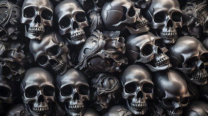 Background of many metal skulls. Neural network AI generated art - obrazy, fototapety, plakaty