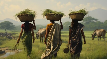 Naklejka premium Pakistani Village Life Women Carrying Grass on Their Heads for Their Cattle - Generative AI