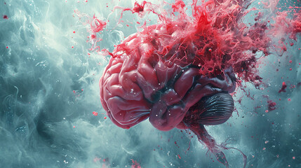 Surreal illustration of human brain with explosion of chaotic shapes symbolized epilepsy.  - obrazy, fototapety, plakaty