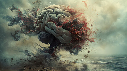 Surreal illustration of human brain with explosion of red and black elements symbolized epilepsy.  - obrazy, fototapety, plakaty