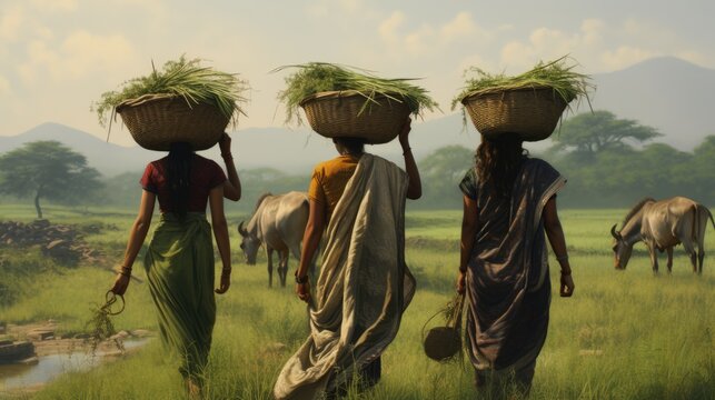 Pakistani Village Life Women Carrying Grass on Their Heads for Their Cattle - Generative AI