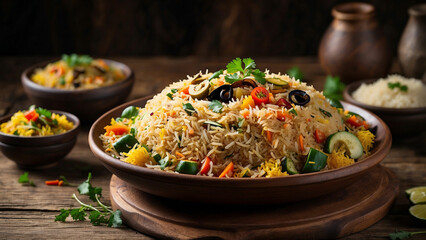 Plate of vegetable biryani served on a traditional plate with a side view the vibrant colors of the assorted vegetables and the aromatic basmati rice