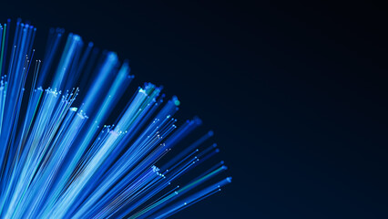 Illuminated fiber optic cables. Glowing internet data streams. Digital transmission. 3d render illustration
