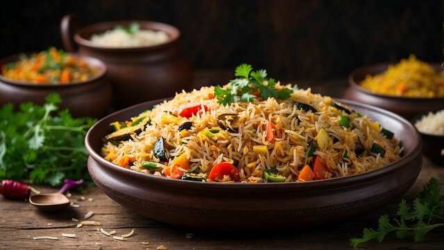 Plate of vegetable biryani served on a traditional plate with a side view the vibrant colors of the assorted vegetables and the aromatic basmati rice