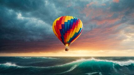 Fototapeta na wymiar colorful hot air balloon in the sky flying over an ocean with large stormy waves