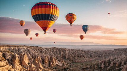 Colorful hot air balloons in sky flying over Cappadocia tourist site - obrazy, fototapety, plakaty