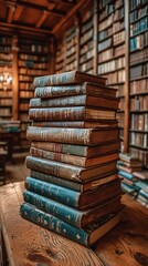 Stack of Vintage Books in a Library Generative AI