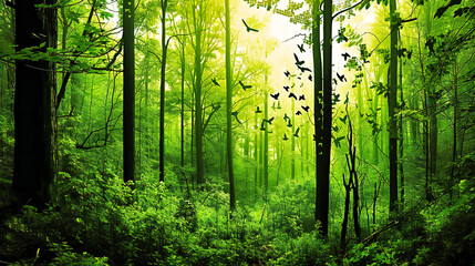 Obraz premium Forest Bathed in Sunlight, Green Foliage with Bright Rays, Scenic Nature Landscape, Peaceful Woods with Sunbeams and Morning Mist