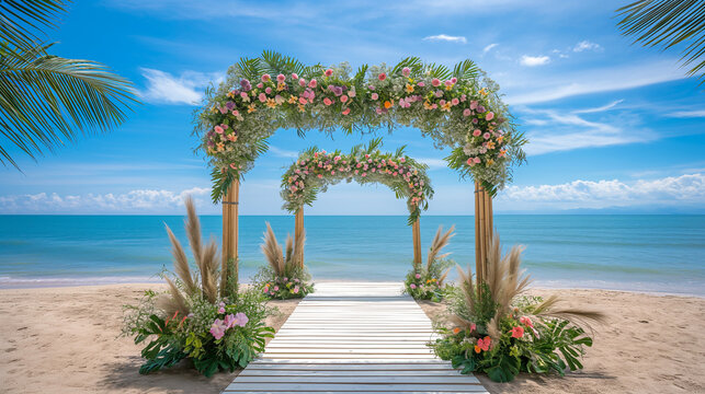 beautiful wooden decorative arch with flowers on the beach, white walkway for wedding ceremony,