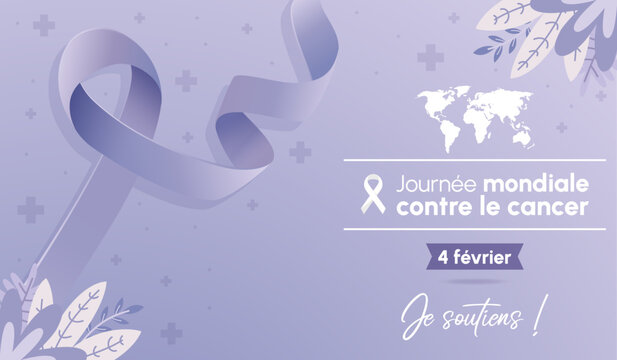 Journ&eacute;e mondiale de lutte contre le Cancer - 4 F&eacute;vrier - Banni&egrave;re de pr&eacute;vention et de lutte - Texte et illustrations vectorielles pour lutter contre la maladie - Lavande et violet - Ruban enroul&eacute; 