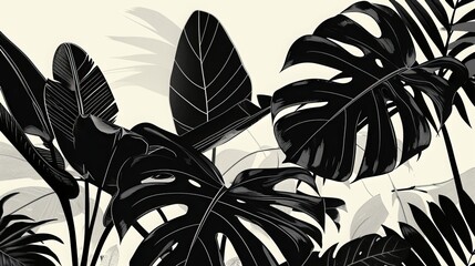 A digital illustration modern clean wall art of a hawaiian retro design, minimalist hawaiian plant design, monochrome, clean, black and white tones