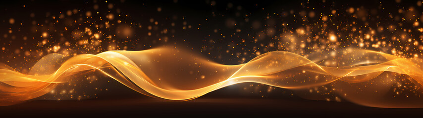 Digital golden particles wave and light abstract wide screen background with shining dots.	 - obrazy, fototapety, plakaty