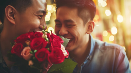 Happy asian gay couple hugging with bouquet flowers. Engagement celebration. Pride concept. Generative AI