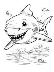 Shark in the ocean coloring book page activity for kids and adults. Cartoon. Generated AI.