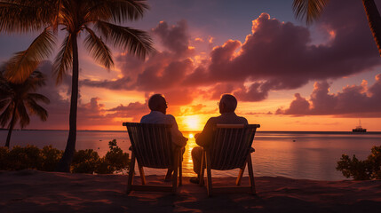 Fototapeta na wymiar a couple of old men sitting on the seashore at sunset