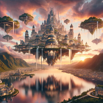 Majestic and surreal floating city in the sky