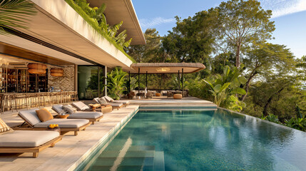 Fototapeta premium Photo of a hotel terrace with 2 luxurious sun loungers with towels in the mountains