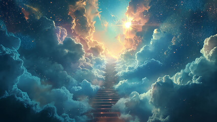 Stairway Leading Up To Heavenly Sky Toward The Light - obrazy, fototapety, plakaty