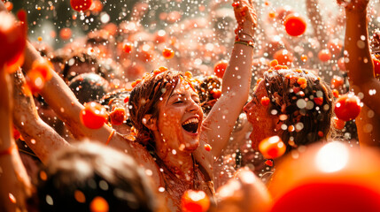 Tomato festival Tomatina people are having fun in tomatoes a cheerful mood