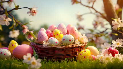 Fototapeta na wymiar easter eggs in vicker basket on grass and flowers background
