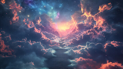 Stairway Leading Up To Heavenly Sky Toward The Light - obrazy, fototapety, plakaty