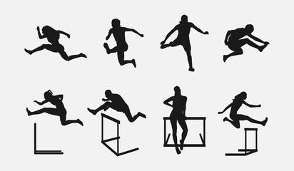 hurdler silhouette collection set. sport, running, race concept. different actions, poses. vector illustration. - obrazy, fototapety, plakaty