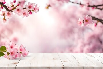 wooden table in pink cherry blossom