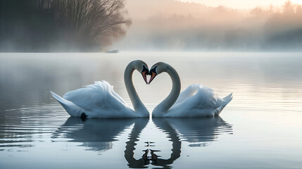 two beautiful swans on a lake shape heart with their long necks and kiss each other. romantic postal card. pc desktop wallpaper background, generative ai