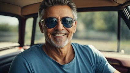 happy mature man in sunglasses and blue t-shirt smiling and driving car