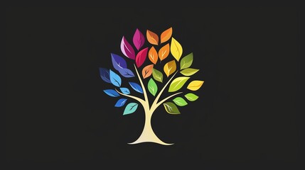 A tree logo with multicolored leaves, vibrant and diverse color palette, organic and nourishing feel, modern and stylish design, sense of life, growth and comprehensive care. Black background