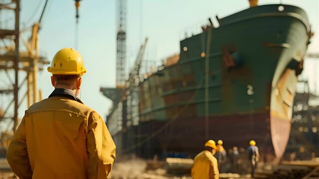A worker in a shipyard and a ship under construction in background