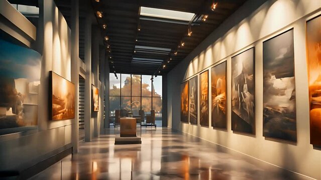 Walking in an art gallery displaying various pictures on its walls
