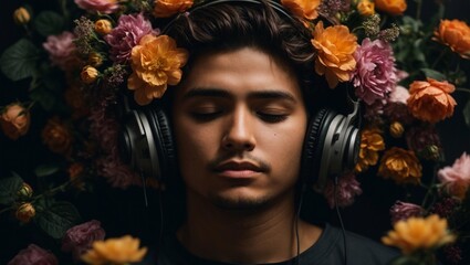 meditative portrait of a young man wearing headphones with flowers on her head on a solid dark isolated background