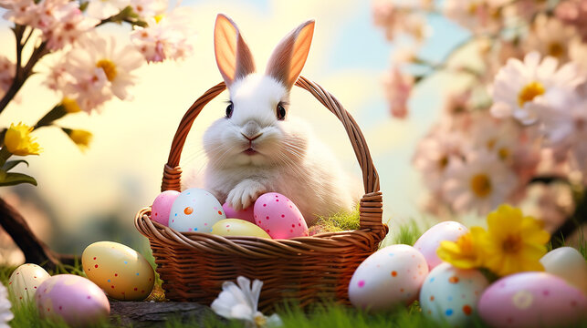 easter bunny and easter eggs in vicker basket on grass and flowers background